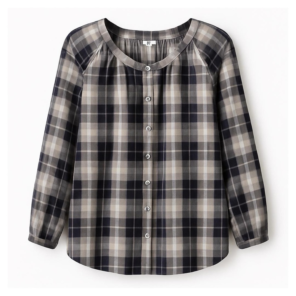 J. Jill Plaid Button-Up, Round Neck Shirt in Black and Gray